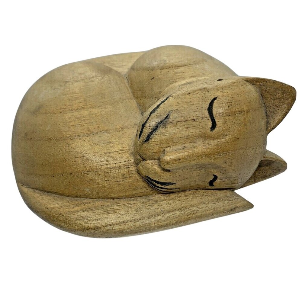Smiling Hand-Carved Wooden Sleeping Cat Figurine Decor